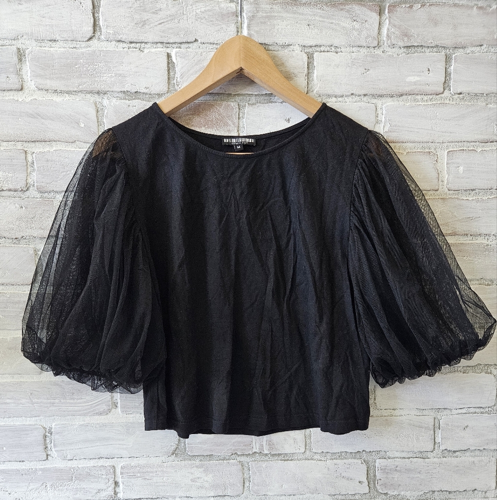 Honey Pot Black Tulle Puff Sleeve Blouse